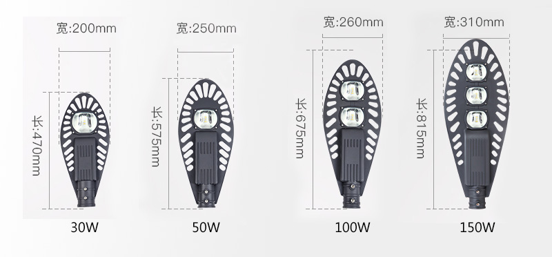 (QDLED-LD026)新款倚天劍形LED路燈頭係列功率尺寸圖